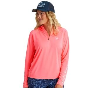 Huk Womens Icon Quarter-Zip Long-Sleeve Hoodie Fishing Sun Shirt Neon Coral M